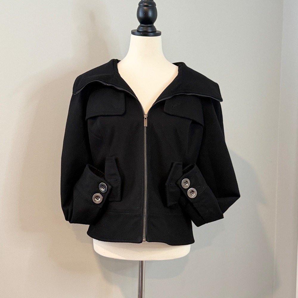 Black Wool Sugarfly Zip Front Jacket Fold Over Collar Utility Pockets - Picture 9 of 16